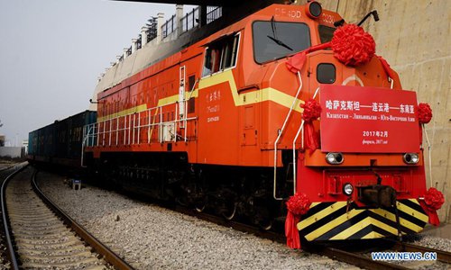 A train carrying 720 tons of wheat from Kazakhstan arrives in Lianyungang Port in Lianyungang, east China's Jiangsu Province, Feb. 5, 2017. The first batch of wheat from Kazakhstan arrived in Lianyungang port by a cargo train on Sunday and was then shipped to Southeast Asia, opening a new trade route. Photo: Xinhua