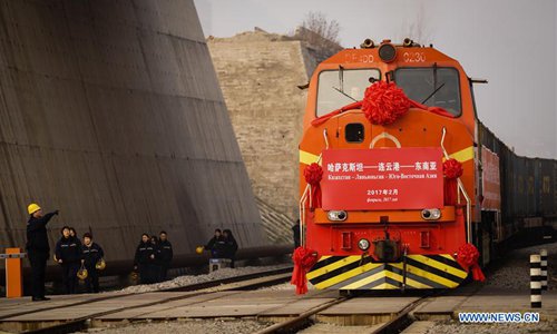 A train carrying 720 tons of wheat from Kazakhstan arrives in Lianyungang Port in Lianyungang, east China's Jiangsu Province, Feb. 5, 2017. The first batch of wheat from Kazakhstan arrived in Lianyungang port by a cargo train on Sunday and was then shipped to Southeast Asia, opening a new trade route. Photo: Xinhua