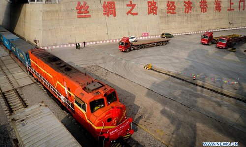 A train carrying 720 tons of wheat from Kazakhstan arrives in Lianyungang Port in Lianyungang, east China's Jiangsu Province, Feb. 5, 2017. The first batch of wheat from Kazakhstan arrived in Lianyungang port by a cargo train on Sunday and was then shipped to Southeast Asia, opening a new trade route. Photo: Xinhua