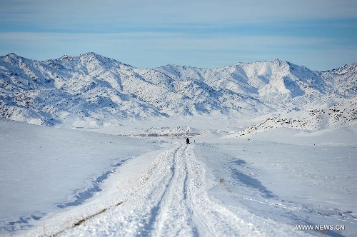 Photo taken on Jan. 8, 2013 shows the beautiful snow scenery of Qagan Gol Town in Qinghe County, northwest China's Xinjiang Uygur Autonomous Region. (Xinhua/Sadat)  