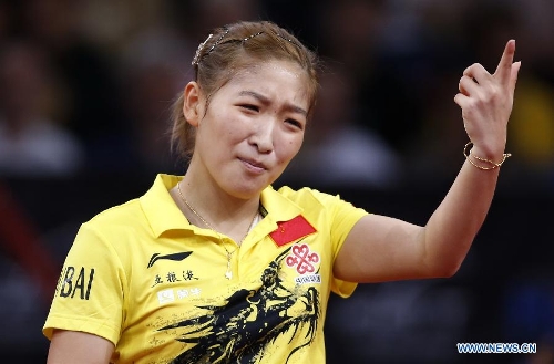  Liu Shiwen of China reacts during the final of women's singles against her teammate Li Xiaoxia at the 2013 World Table Tennis Championships in Paris, France on May 19, 2013. Li won 4-2 to claim the title. (Xinhua/Wang Lili) 