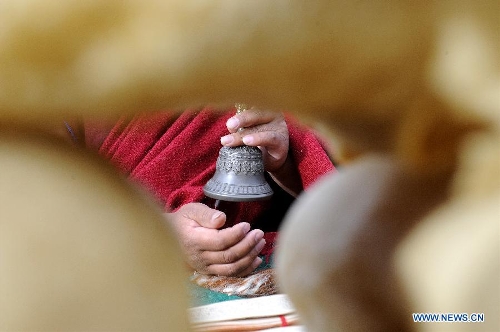 A monk prays for a good harvest during a ceremony to celebrate the starting of spring plowing at Deqing Village of Dazi County, southwest China's Tibet Autonomous Region, March 16, 2013. (Xinhua/Chogo) 