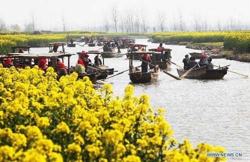 Tourists take boats to enjoy cole flowers at the Qiandao Cole Flower Scenic Spot in Ganggu Township of Xinghua City, east China's Jiangsu Province, April 3, 2013. (Xinhua/Zhou Haijun) 