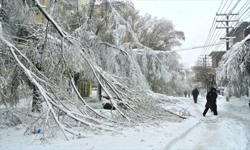 People walk on the snow-covered road in Hegang, northeast China's Heilongjiang Province, November 12, 2012. Heavy snowstorms have cut off regional power and water supplies as well as forced schools and highways to close in northeast China's Heilongjiang and Jilin provinces on Monday. Photo: Xinhua