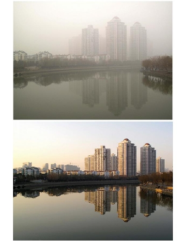 Combo photo taken on Jan. 22, 2013 (up) and Jan. 18, 2013 (bottom) show views of buildings in the same place in Nanjing, capital of east China's Jiangsu Province. (Xinhua) 