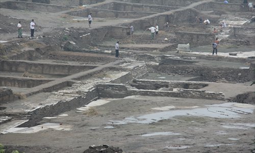 The ancient Tongzhou city wall ruins discovered during the construction of Subway Line 6 in Xinhua Dajie, Tongzhou district, last July. Photo: CFP