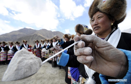 Farmers of the Tibetan ethnic group attend a ceremony to celebrate the starting of spring plowing at Deqing Village of Dazi County, southwest China's Tibet Autonomous Region, March 16, 2013. (Xinhua/Chogo) 