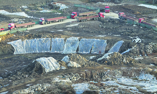 Rehabilitation work is carried out on land in Heshan that was formerly used for a pesticide factory, in Wuhan, Hubei Province, on March 2. Photo: CFP