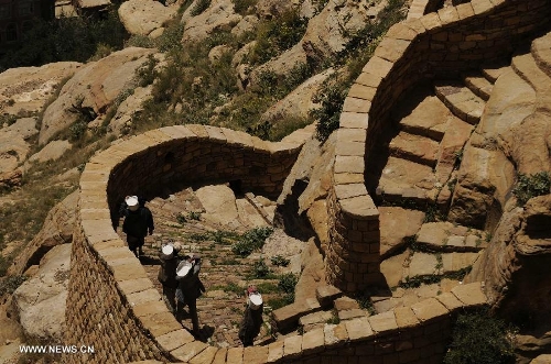  Yemeni workers carry substances used in renovating a path that leads to the Thula Fort at the historical city of Thula, 45 km north of Sanaa, Yemen, on May 12, 2013. Thula Fort is one of 20 nominees for the 2013 Aga Khan Award for Architecture which is given every three years to projects that set new standards of excellence in architecture, planning practices, historic preservation and landscape architecture, in which Muslims have a significant presence. Thula boasts an impressive collection of stone buildings that date back to the 1st millennium BCE. The Thula fort was threatened by the disruption that might ensue from the construction of a road. However, the Yemeni government has undertaken a series of historic preservation projects to protect cultural assets, including rebuilding the walls of burial grounds, watch towers, paths and waterways, and repairing the cistern that remains in use to this day.(Xinhua/Mohammed Mohammed) 