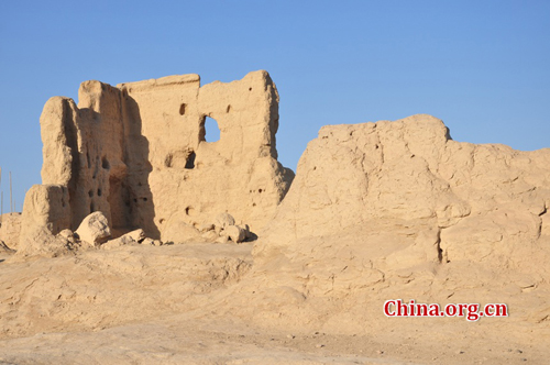 The Ancient City of Jiaohe, also known as Ancient City on Ya'er Lake, is an ancient Chinese archaeological site found in the Yarnaz Valley, 10 km west of the city of Turpan, Xinjiang province. It was a prefecture of the Gaochang during the Sixteen States (304AD-439 AD) and a county of the Gaochang Prefecture after the 14th year (640 AD) of the Zhenguan reign during the Tang Dynasty. Photo: Xinhua