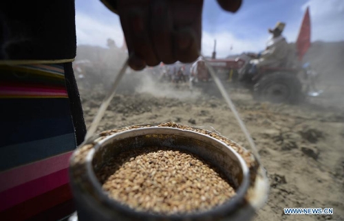 A farmer attends a ceremony marking the start of spring plowing in Xuecun Village of Gonggar County, Shannan Prefecture, southwest China's Tibet Autonomous Region, March 16, 2013. (Xinhua/Purbu Zhaxi)