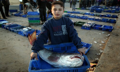 A Palestinian boy carries a fish on display at a fish market in Gaza City on Saturday. As part of the truce that ended eight days of cross-boarder fighting between Israel and Gaza militants, Israel's naval blockade of the coastal territory was eased to allow fishing boats to operate up to six nautical miles from shore, instead of three previously. Photo: AFP