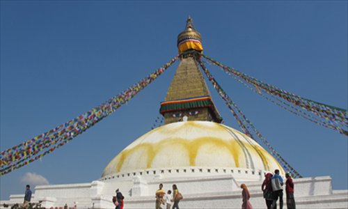 Buddha's eyes look out from Bodhnath Stupa in Kathmandu. Photo: Lin Meilian/GT