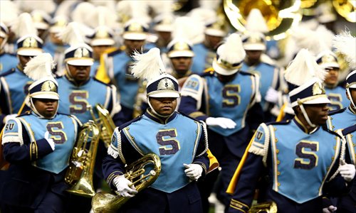 The Southern University Marching Band performs during Super Bowl XLVII between the Baltimore Ravens and the San Francisco 49ers at the Mercedes-Benz Superdome on Sunday in New Orleans, Louisiana. Photo: AFP