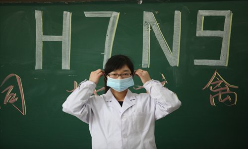 A woman puts on a mask to protect against bird flu. Photo: CFP