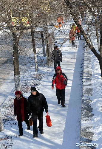 Pedestrian in thick clothing walk on a snow-covered sidewalk in Harbin, capital of northeast China's Heilongjiang Province, March 10, 2013. Temperature in Harbin significantly dropped to minus 19 degrees Celsius due to cold air on March 10. (Xinhua/Wang Song)  