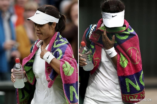 This combo photo shows Li Na of China reacts as she leaves the court after the quarterfinal of women's singles against Agnieszka Radwanska of Poland on day 8 of the Wimbledon Lawn Tennis Championships at the All England Lawn Tennis and Croquet Club in London, Britain on July 2, 2013. Li Na lost 1-2. (Xinhua/Yin Gang)  