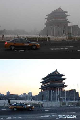 Combo photo taken on Jan. 23, 2013 (up) and Jan. 22, 2013 (bottom) show the tower of the Zhengyang Gate in Beijing, capital of China. The air quality hit the level of serious pollution in Beijing on Wednesday, as smog blanketed the city. (Xinhua/Wang Yueling)Related:Beijing chokes on lingering smogBEIJING, Jan. 23 (Xinhua) -- The air quality in Beijing Municipality on Wednesday hit serious levels again, as smog blanketed the city.At 9 a.m., air quality indices in most monitoring stations in the city proper exceeded 300, or Level VI, a serious level, according to statistics from the Beijing Municipal Environmental Monitoring Center.  Full story