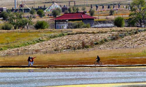 Tourists travel along the Qinghai Lake in northwest China's Qinghai Province, Sept. 26, 2012. Photo: Xinhua