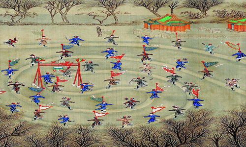 Above left: a painting of a royal skating performance from the Qing Dynasty
Above right: late Qing Dynasty photo published in The Illustrated London News 1895
Main: rehearsing at Beihai Park, January 2012
Photos: Courtesy of Beihai Park
