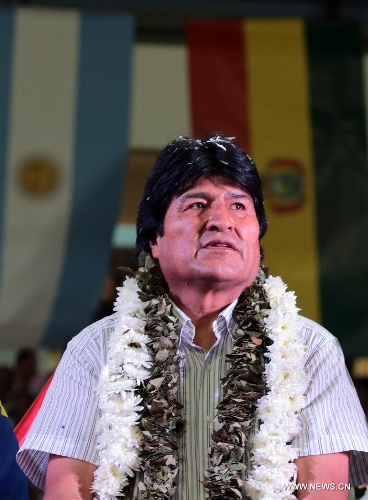  Image provided by Venezuela's Presidency shows President of Bolivia Evo Morales participating in the meeting of the Union of South American Nations (UNASUR, by its acronym in Spanish) in Cochabamba, Bolivia, on July 4, 2013. (Xinhua/Venezuela's Presidency)