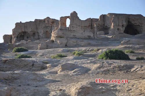 The Ancient City of Jiaohe, also known as Ancient City on Ya'er Lake, is an ancient Chinese archaeological site found in the Yarnaz Valley, 10 km west of the city of Turpan, Xinjiang province. It was a prefecture of the Gaochang during the Sixteen States (304AD-439 AD) and a county of the Gaochang Prefecture after the 14th year (640 AD) of the Zhenguan reign during the Tang Dynasty. Photo: Xinhua