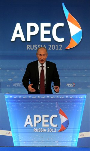 Russian President Vladimir Putin gives a press conference at the end of the APEC Summit in Vladivostok on Sunday. Photo: AFP