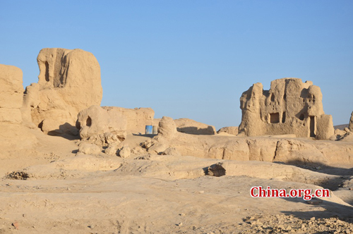 The Ancient City of Jiaohe, also known as Ancient City on Ya'er Lake, is an ancient Chinese archaeological site found in the Yarnaz Valley, 10 km west of the city of Turpan, Xinjiang province. It was a prefecture of the Gaochang during the Sixteen States (304AD-439 AD) and a county of the Gaochang Prefecture after the 14th year (640 AD) of the Zhenguan reign during the Tang Dynasty. Photo: Xinhua