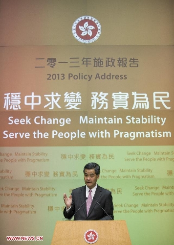  Hong Kong Chief Executive Leung Chun-Ying speaks to Journalist at a press conference after he delivered his 2013 Policy Address in Hong Kong, south China, Jan. 16, 2013. Leung delivered his first policy address on Wednesday morning at the Legislative Council here, outlining the city government's policy direction in 2013. (Xinhua/Lui Siu Wai)