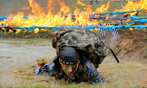 An armored regiment of the Marine Corps under the Navy of the Chinese People's Liberation Army (PLA) keeps the actual-combat requirements in mind and tempers its troops all-roundly. By adding the obstacles and setting up lifelike battle atmosphere in training, the regiment has cultivated the first-rate capability of the officers and men. (China Military Online/Zeng Liang)