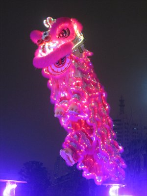 A lion costume with LED lights on