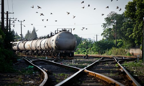 An oil tanker train passes near a railroad crossing by the wholesale seafood market on Jungong Road. Photo: Yang Hui/GT