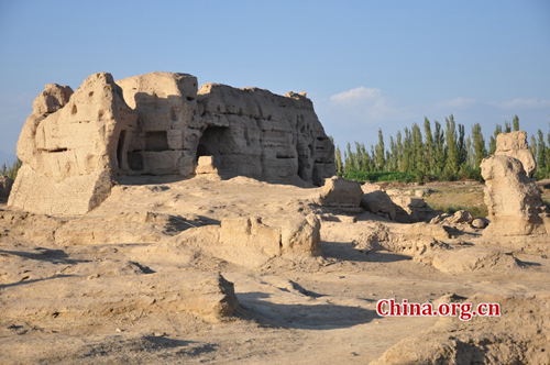 The Ancient City of Jiaohe, also known as Ancient City on Ya'er Lake, is an ancient Chinese archaeological site found in the Yarnaz Valley, 10 km west of the city of Turpan, Xinjiang province. It was a prefecture of the Gaochang during the Sixteen States (304AD-439 AD) and a county of the Gaochang Prefecture after the 14th year (640 AD) of the Zhenguan reign during the Tang Dynasty. Photo: Xinhua