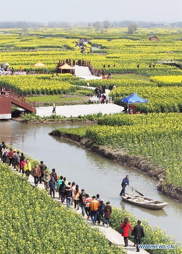 Tourists enjoy cole flowers at the Qiandao Cole Flower Scenic Spot in Ganggu Township of Xinghua City, east China's Jiangsu Province, April 3, 2013. (Xinhua/Zhou Haijun) 