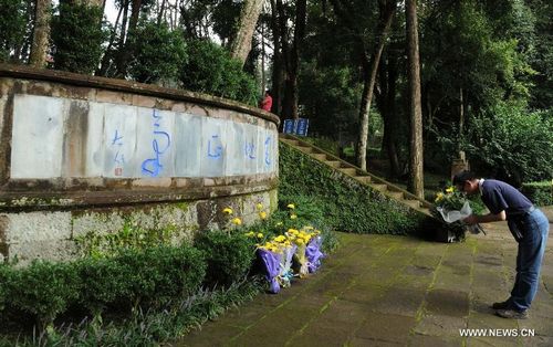 A visitor comes to a cemetery to mourn for the soldiers sacrificed during the battle against Japan's invasion in Tengchong, Southwest China's Yunnan Province, August 15, 2012. Many visitors came to the cemetery for martyrs and museums to mark the 67th anniversary of Japan's World War II surrender. Tengchong was a frontline where Chinese people fought against Japan's invasion during the World War II. Photo: Xinhua