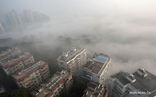 Buildings are seen amid dense fog in Wuhan City, capital of central China's Hubei Province, Jan. 12, 2013. (Xinhua/Cheng Min)  