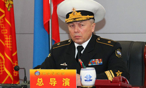 Rear Admiral Leonid Sukhanov, Russian naval deputy chief of staff, attends the starting ceremony of the joint exercise with the Navy of the Chinese People's Liberation Army in Qingdao, east China's Shandong Province, April 22, 2012. The Russia-China joint naval exercise, scheduled to be held from April 22 to 27 in the Yellow Sea of the Pacific Ocean, officially started on Sunday morning. The drill involves a total of 16 vessels and two submarines from the Chinese Navy and four warships from the Russian Navy's Pacific Fleet as well as three supply ships. The exercise will focus on joint maritime air defense and defense of marine traffic arteries, including subjects of joint escort, maritime search and rescue, anti-submarine tactics as well as joint effort to rescue hijacked vessels. Photo: Xinhua