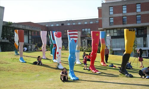 Sculptures on the lawn in Red Town, including sculptures of leggings painted with various national flags. Photos: Zhu Jialei/GT