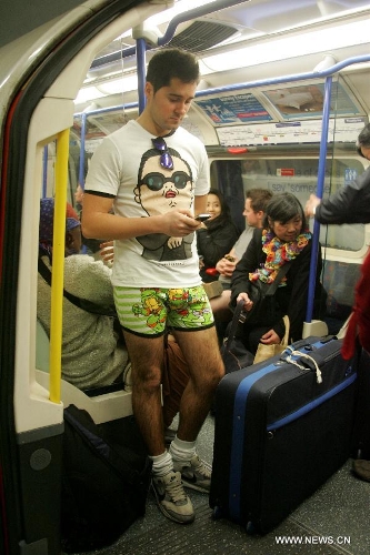 A man without pants takes part in the worldwide 