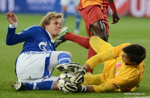 Teemu Pukki (L) of FC Schalke 04 vies with Fernando Muslera of Galatasaray during the UEFA Champions League eighth-final match at Veltins Arena in Gelsenkirchen, west Germany, March 12, 2013. Galatasaray won 3-2 and entered the quarterfinal. (Xinhua/Ma Ning) 