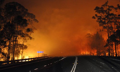 This handout picture taken late on Tuesday shows trees burning and smoke billowing from a fire along the Princes Highway at Deans Gap in the Shoalhaven area of New South Wales. Photo: AFP / NSW Rural Fire Service