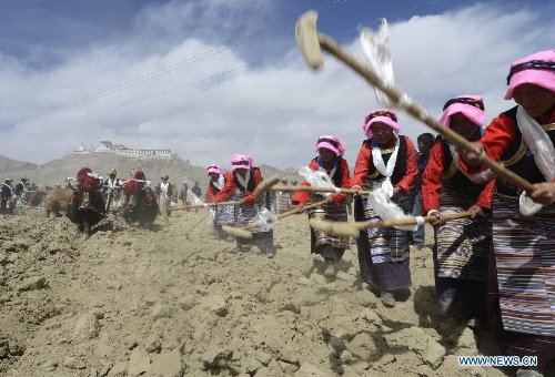  Farmers attend a ceremony marking the start of spring plowing in Xuecun Village of Gonggar County, Shannan Prefecture, southwest China's Tibet Autonomous Region, March 16, 2013. (Xinhua/Purbu Zhaxi)