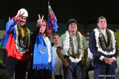 (From L to R) Venezuelan President Nicolas Maduro, Argentine President Cristina Fernandez and Bolivian President Evo Morales participate in a meeting of Union of South American Nations (UNASUR, by its acronym in Spanish) in Cochabamba, Bolivia, on July 4, 2013. (Xinhua/TELAM) 