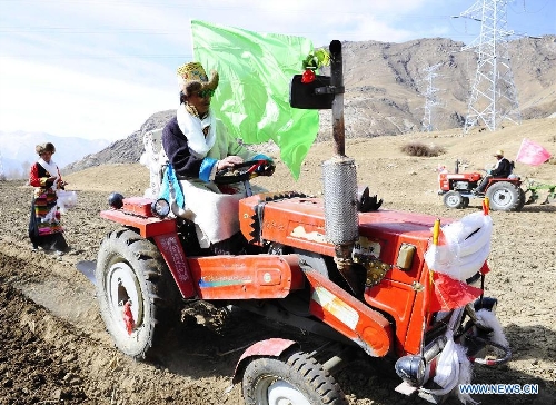 Farmers of the Tibetan ethnic group work in the fields at Weiba Village of Lhasa, capital of southwest China's Tibet Autonomous Region, March 16, 2013. A ceremony was held on Saturday to celebrate the starting of spring plowing in Tibet. (Xinhua/Liu Kun) 