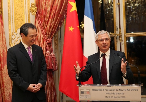 Claude Bartolone, speaker of France's National Assembly, addresses a Chinese lunar New Year reception at the residence of the speaker of France's National Assembly in Paris, capital of France, on Feb. 5, 2013. The Chinese Embassy to France and the France-China Friendship Group of France's National Assembly held the reception here on Tuesday to greet the upcoming Chinese lunar New Year, which falls on Feb. 10 this year. (Xinhua/Gao Jing) 