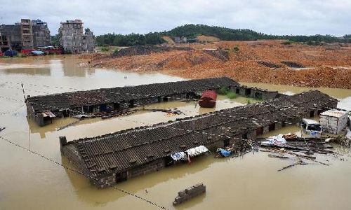 Houses and vehicles are submerged in Nabang Village of Fangchenggang city, South China's Guangxi Zhuang Autonomous Region, August 18, 2012. Typhoon Kai-Tak has affected about 1.26 million people and 134,470 hectares of farmlands in Guangxi till 4:30 pm Saturday. Local flood control authority initiated a Level IV emergency response to cope with the possible flooding. Photo: Xinhua
