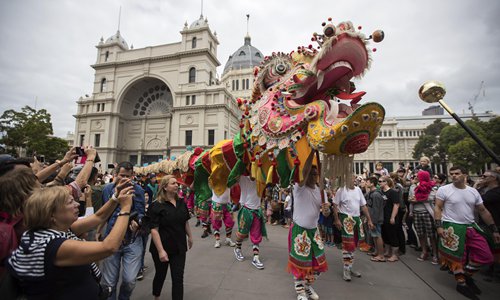 Dragon dance performance in celebration of Chinese New Year in