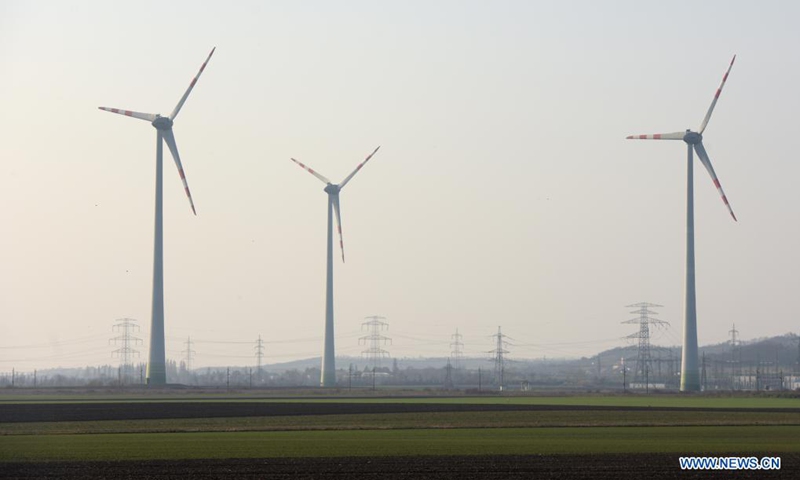 Photo taken on March 25, 2021 shows wind turbines in Lower Austria, Austria. According to Austrian Wind Energy Association, at the end of 2020, 1,307 wind turbines with a total output of 3,120 megawatts generated electricity for around 2 million households in Austria.Photo:Xinhua