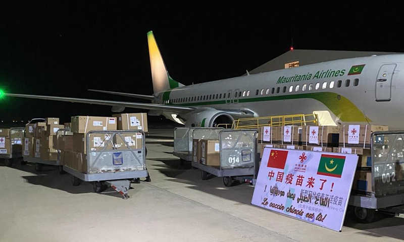 Boxes containing Sinopharm COVID-19 vaccines donated by the Chinese government are seen at Nouakchott International Airport, in Nouakchott, Mauritania, March 24, 2021. Mauritania received on Wednesday the Chinese government's donation of Sinopharm COVID-19 vaccine and medical ventilators.Photo:Xinhua