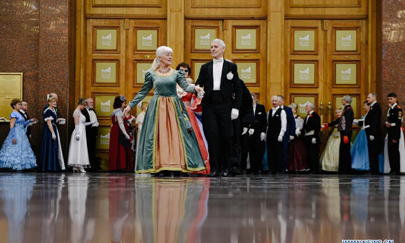 Participants dance at the Spring Ball in the Victory Museum in Moscow, Russia, on April 3, 2021. More than 200 participants from different cities of Russia gathered here to attend the traditional Spring Ball on Saturday. (Xinhua)